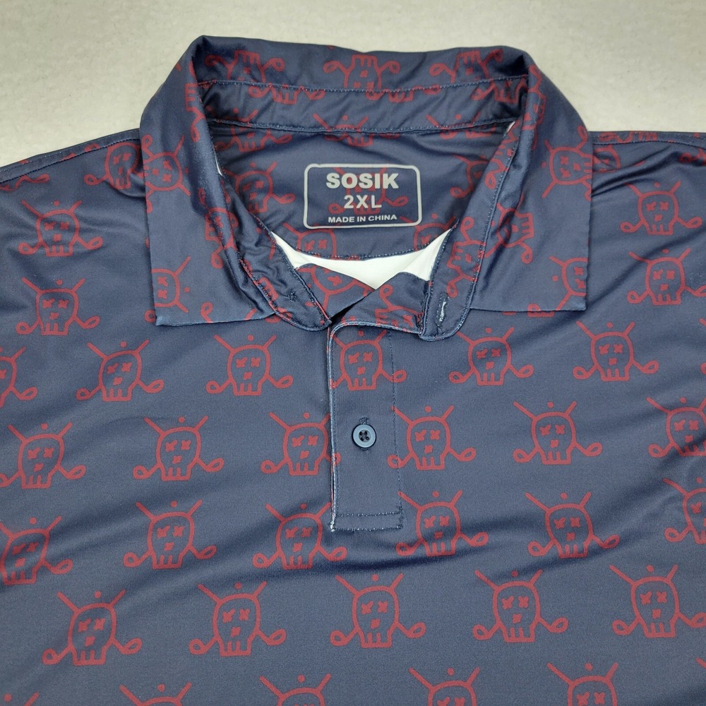 Sosik Golf Polo Shirt Mens 2XL Navy Blue Red Skull‎ Crossbones Performance SS